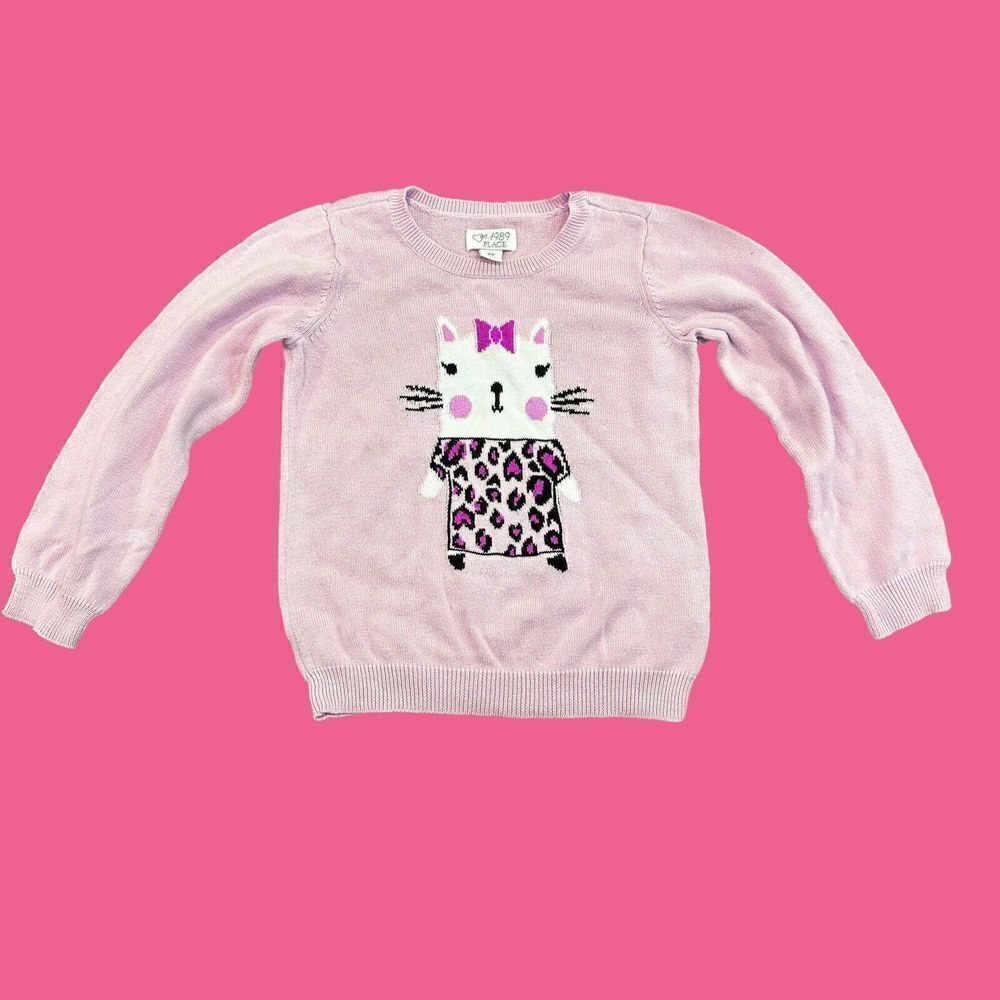 Children’s Place Pink White Leopard Dress Kitty Cat Sweater Bow Size 4T Whiskers